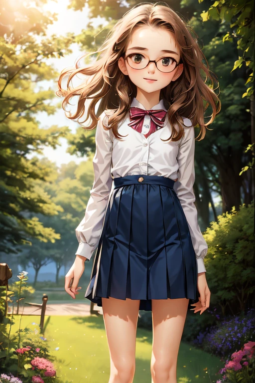 (high quality)，One person，，Baby Face，naked，Very short stature，very small flat chest，Very flat chest that looks like it might expand，Very thin limbs，Very thin thighs，Small Ass，naked，bright色のセーラー服、Navy pleated mini skirt，Glasses，grassland，A shy smile，blush，At dusk，Beautiful sunset，Midsummer，bright，bright色，watercolor, Ghibli style，
information

