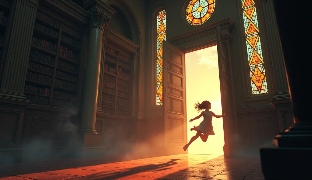 With the first light of dawn breaking through the library’s stained glass windows, the girl makes a desperate leap towards the exit. The ghost, now fading with the light, reaches out one last time as she escapes into the safety of the morning