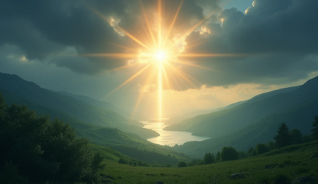 (photorealism:1.2), A serene and uplifting landscape depicting a guiding light shining through dark clouds, symbolizing hope and promises. Ethereal and dreamy atmosphere, vibrant colors, soft lighting, emphasizing a sense of peace and strength. Artistic style inspired by contemporary digital artists, rich details, 8k resolution, cinematic composition.