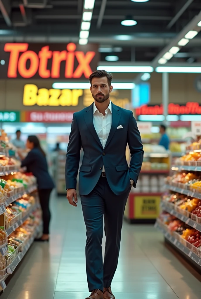 Ratio 16:9 a supermarket named totrix bazar and a handsome businessman 