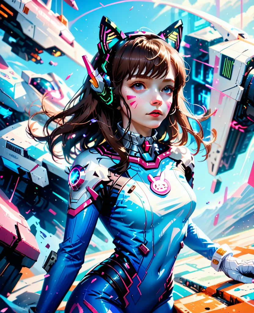 Masterpiece, Best Quality, High Resolution, 1girl, Super High Resolution, Solo, Mech Pilot, D.VA, Headphones, Pink Eyes, Blue Tights, Brown Hair, White Gloves, Cat Face Adornament,