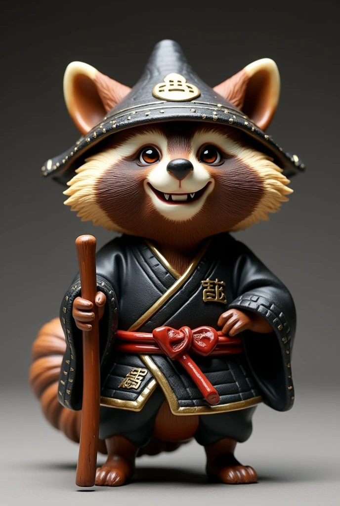 There is a figurine of a man wearing a hat and holding a cane.。, Anthropomorphic raccoon dog, Black raccoon figurine, Black Tanuki Samurai, Satoru Gojo, Paul Lun, umanosuke iida, Japanese God, Shui Mohua, Laughing Raccoon, Ceramic Toy Figures, Japanese mascot, Inspired by the second generation Hideichicho, Kumamoto