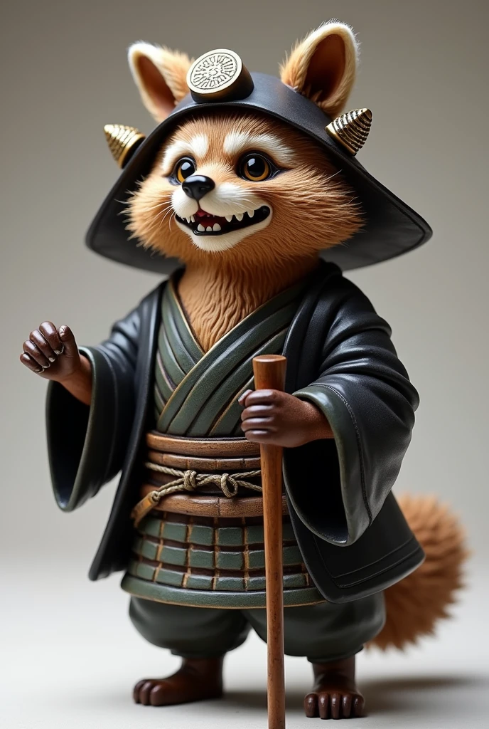 There is a figurine of a man wearing a hat and holding a cane.。, Anthropomorphic raccoon dog, Black raccoon figurine, Black Tanuki Samurai, Satoru Gojo, Paul Lun, umanosuke iida, Japanese God, Shui Mohua, Laughing Raccoon, Ceramic Toy Figures, Japanese mascot, Inspired by the second generation Hideichicho, Kumamoto