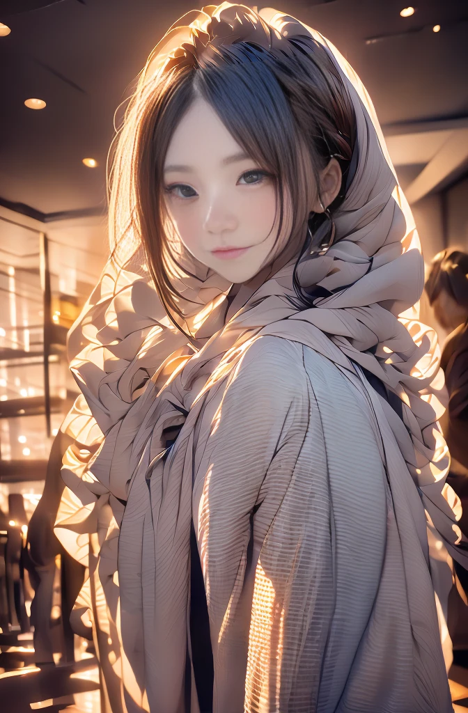 A1 girl, Minimalist kimono wrap top with oversized sleeves, wide-leg cropped trousers in silk, chunky platform sandals with straps, delicate silver chokers with small jade stones, geometric obi belt. serene ocean at sunset, soft waves lapping against a sandy shore, distant mountains fading into the orange horizon, a lone sailboat drifting peacefully