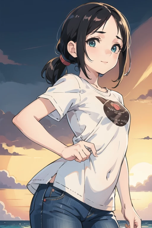 1girl, cute girl, solo, a  girl, dynamic pose 
BREAK (tareme, short eyes:1.5), (oval face, droopy eyes:1.4), grey-green eyes, eye highlights, blush, smile 
BREAK forehead, flat hair, straight hair, no bangs, center parted forehead, side swept to backward, low ponytail, medium hair, black-hair 
BREAK (petite body, gish fleshy body:1.5), large breast, white T-shirt, denim hot pants, beachside background 
BREAK Masterpiece, best quality, 4K, HDR, realistic lighting, soft lines, from front, cowboy shot, perfect anatomy, perfect 