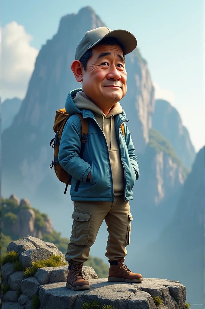 Realistic 4D caricature photo, big head, a middle-aged man with an Indonesian face, 50 years old,,clean face, round face,wearing a baseball cap, a light blue thick jacket, long cargo pants, brown boots, standing pose on a mountain peak, background holding a beautiful high cliff 