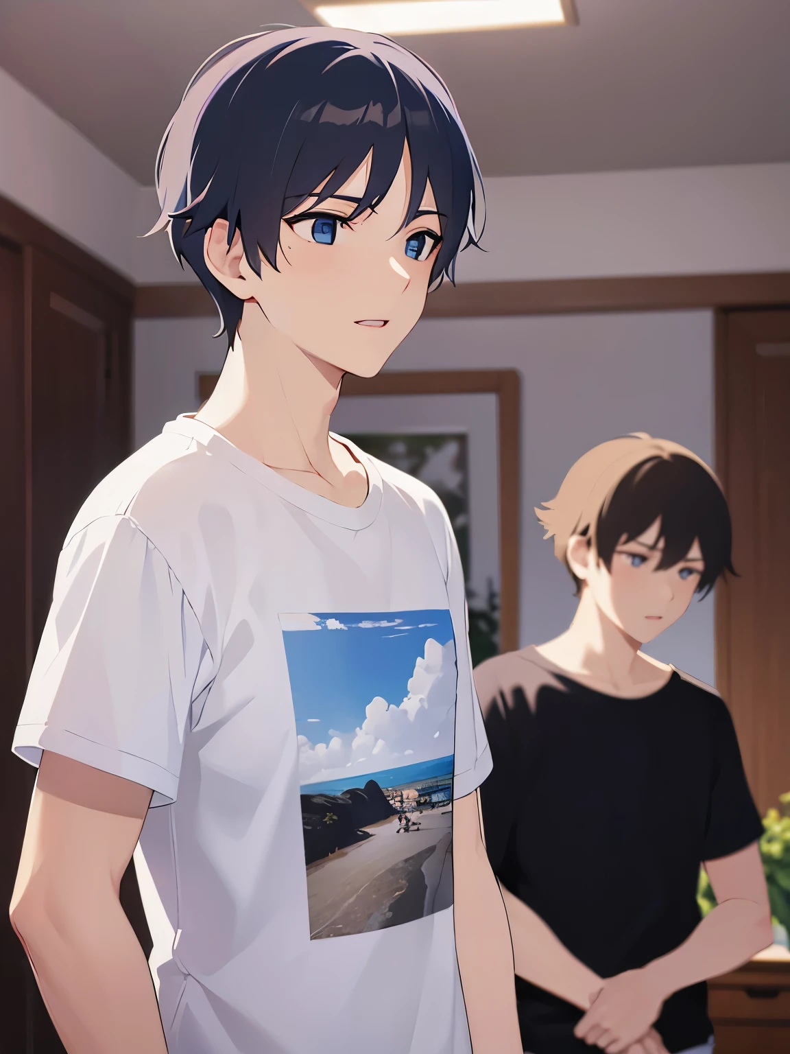 side angle, (looking away:1.5), looking down, upper body、masterpiece、Highest quality、(2 male:1.5) and (Black short hair) and (blue eyes), (White T-shirt)、Are standing、smile, open mouth, The background is the living room、alone、