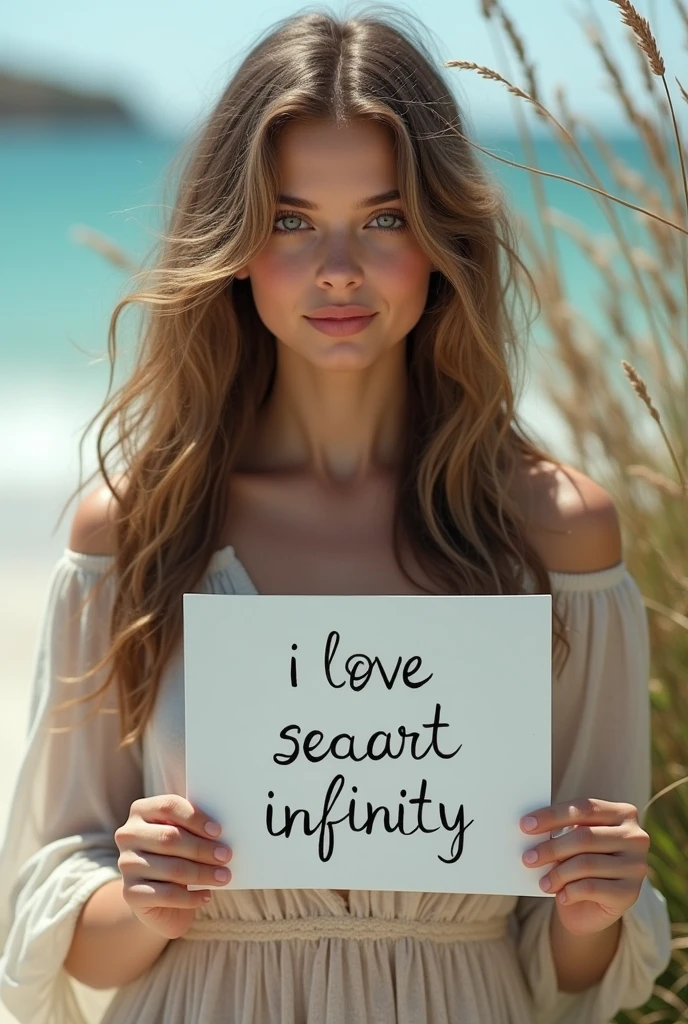 Beautiful girl with wavy long hair, bohemian dress, holding a white board with text "I Love Seaart Infinity" and showing it to the viewer