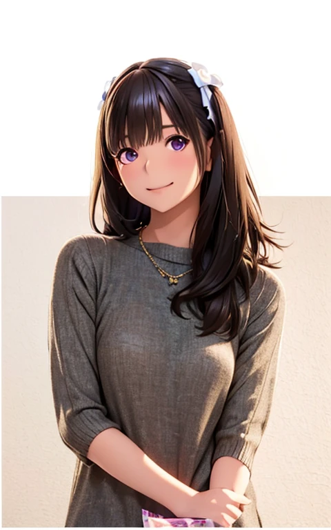 High resolution,In 8K,Highest quality,detailed,Semi-realistic anime,Anime 3D Style,Smooth anime CG,One Girl,One Japanese woman,slim,Modeled,Shiny brown hair,Medium Hair,detailedな顔,Beautiful and detailed,Glowing Skin,Grey half sleeve knit,necklace,straggling hair,Angel-like hair,Small breasts,((Looking into the camera)),((Shut your mouth.)),((Laughter)),((Deep violet sparkling eyes))