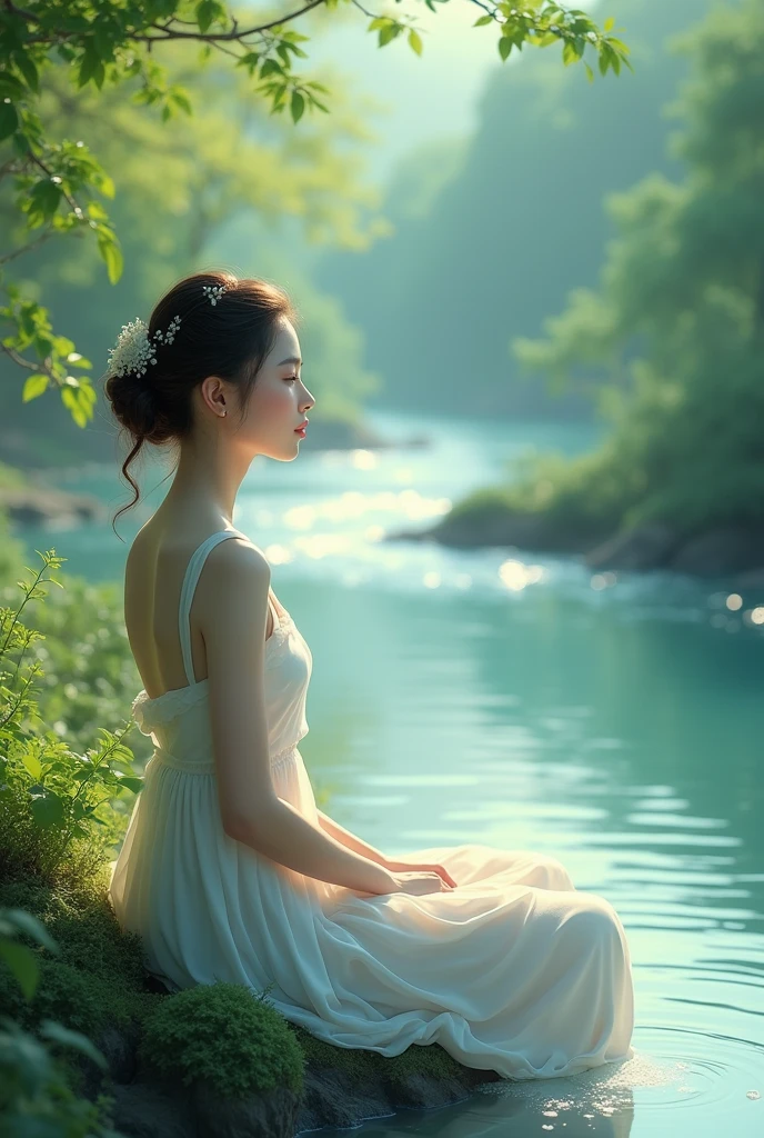 A beautiful girl sitting side river