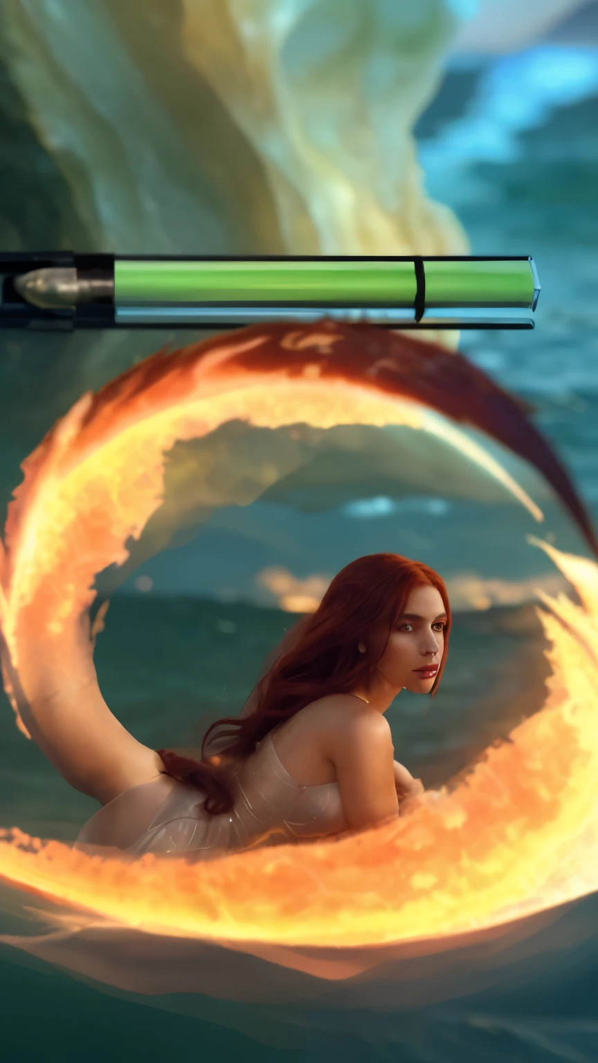 ( High quality , ultra detailed to hand ) ( careful hand ) Zodiac sign- Aries goddess , similar to latin goodness , Brave ,willful ,productive ,enterprising and humanitarian face . Moody, impulsive, impatient, assertive style . sunset reddish hair , transparent dress , in the ocean with sun , whole body , crystal fire eyes ( eye detailed ) . strong powerful make up look . Fire goddess .