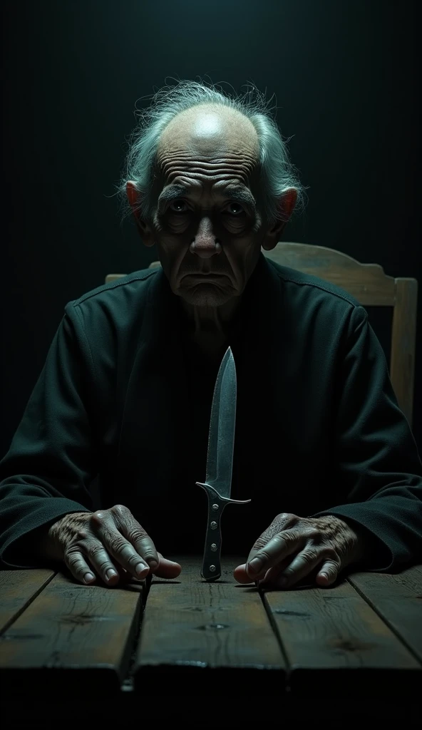 Old man sitting at table with knife stuck in his chest in pitch darkness