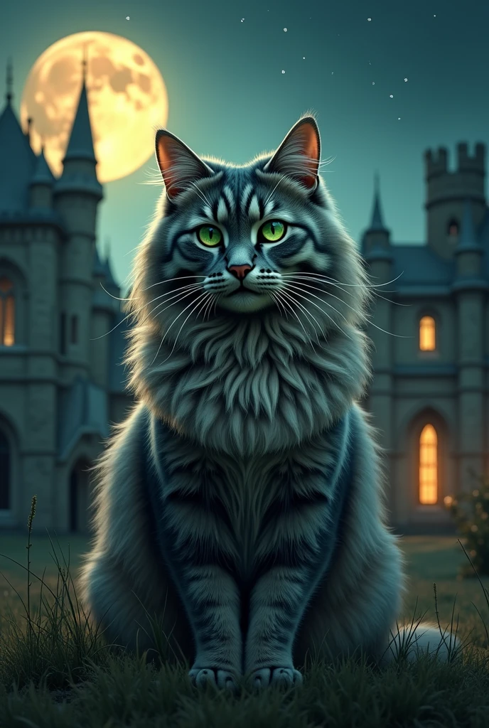 chat Mainecoon silver grey avec des poils longs et des yeux verts émeraude devant un château abandonné style gothique avec des fenêtres éclairé avec des lanternes en fond la nuit étoilé avec un pleine lune jaune brillante
