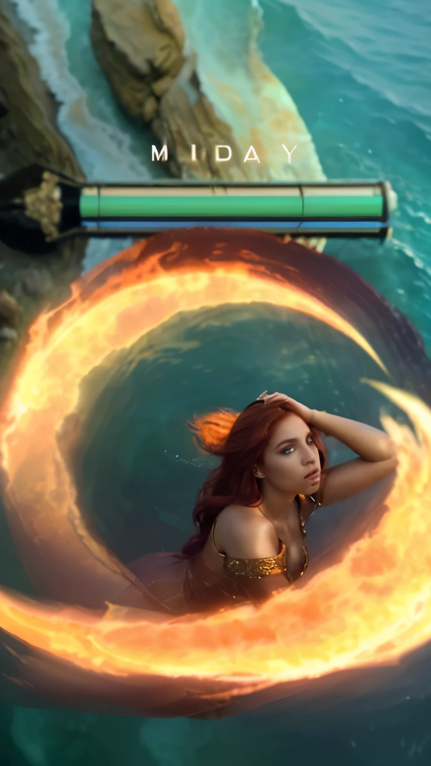 ( High quality , ultra detailed to hand ) ( careful hand ) Zodiac sign- Aries goddess , similar to latin goodness , Brave ,willful ,productive ,enterprising and humanitarian face . Moody, impulsive, impatient, assertive style . sunset reddish hair , transparent dress , in the ocean with sun , whole body , crystal fire eyes ( eye detailed ) . strong powerful make up look . Fire goddess .