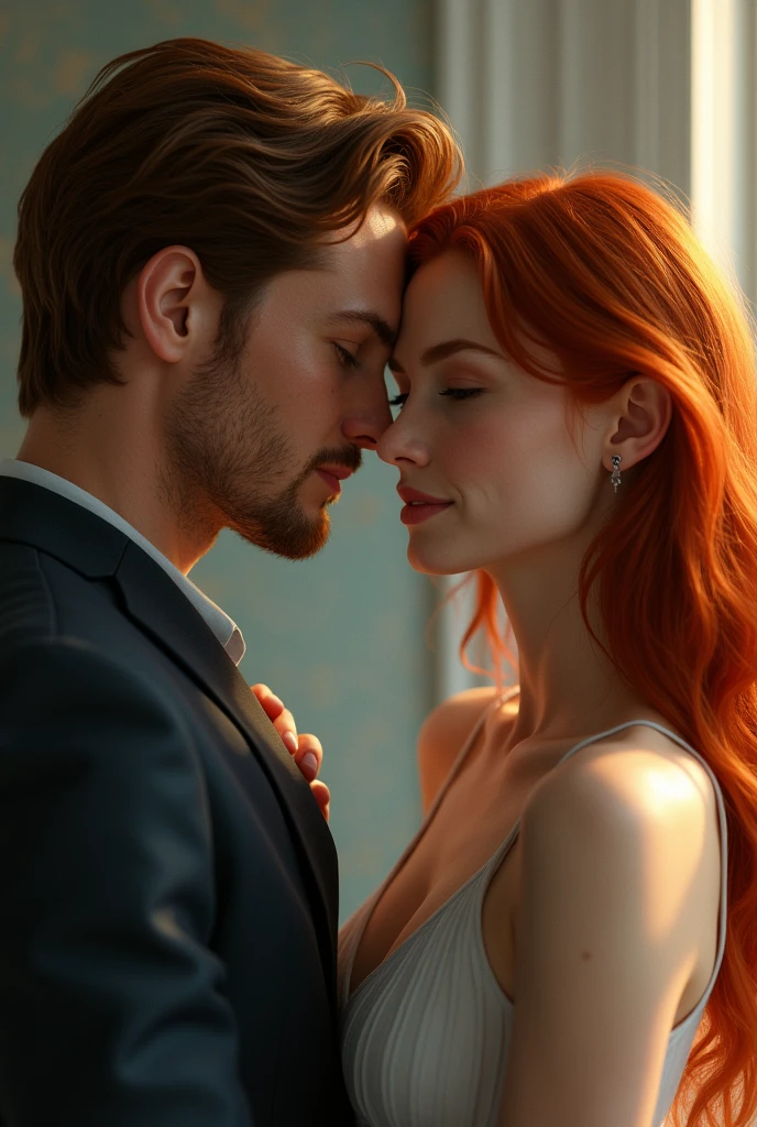 Sebastian Stan with a redhead girl who has a nose piercing, the girl is young, copper hair, slim, Brown eyes, and they look at each other with love
