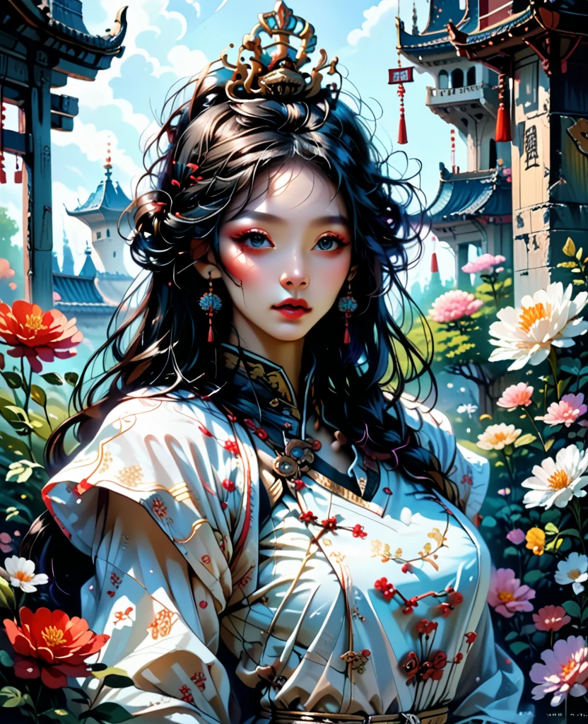 A woman in a blue and white dress with flowers in her hair, hanfu, palace, girl in hanfu, blue hanfu, white hanfu, wearing ancient Chinese costume, ((beautiful fantasy queen)), ancient Chinese princess, Chinese style, traditional Chinese clothing, ancient Chinese clothing, beautiful fantasy queen, Chinese princess, traditional beauty,