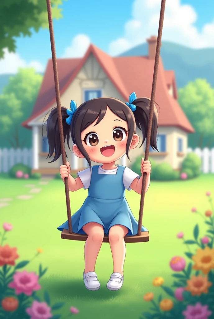 A girl with two pigtails tied with a blue ribbon, cute face, wearing a short-sleeved blue dress, a flared skirt, and white shoes, sitting on a swing with a joyful expression in front of the house. The background is a beautiful big house, with a green lawn, decorated with beautiful colorful flowers, facing the camera accurately., pastel colors,
