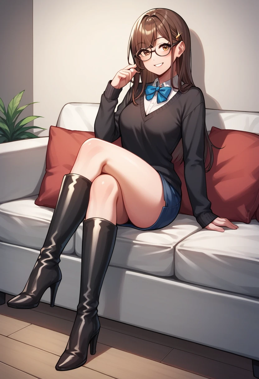 score_9, score_8_up, score_7_up, score_6_up, score_5_up, score_4_up, source_anime, 1girl,lora:amber1-000008:1>, amber5star, upper body, smile, brown hair, long hair, brown eyes, glasses, black cardigan, knee high boots, tall stilletos, heels, crossed legs, looking at the viewer, sofa, sit, room, best quality, best res, 4K UHD,
 