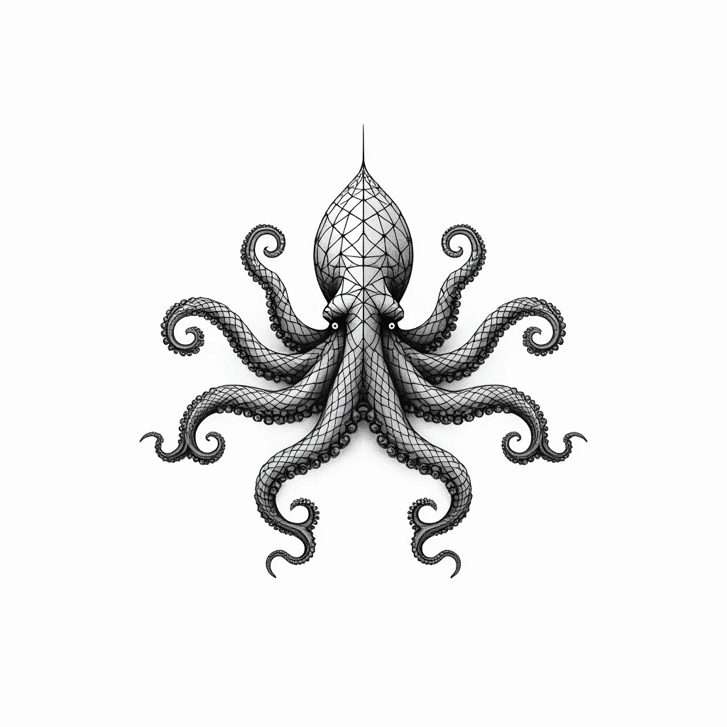 black and white tattoo design, octopus, symetric, white background, simple background, drawing style, geometric lines, fine line, complex