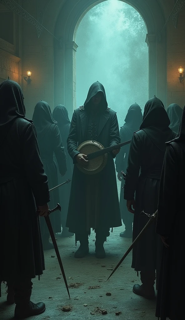 Criminals hiding in shadows**, looking stunned and enchanted as the sound of the santoor reaches them, their weapons loosely held or dropping to the ground.