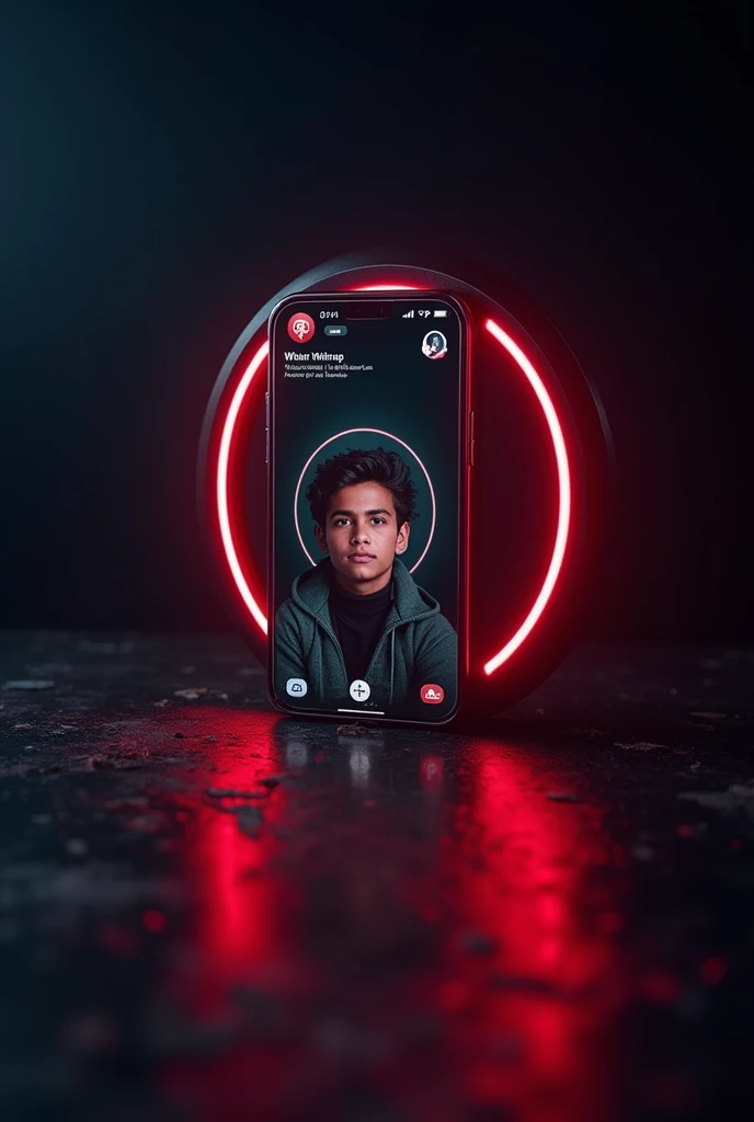 A digital card displaying a WhatsApp with a similar design to the provided the reference image.The card should feature a young person's portrait a circular frame on the left side, with the WhatsApp 3d logo and the text your WhatsApp name Akshay and your followers on the right side.The card should have a neon red outline and a dark background, similar to the reference image.