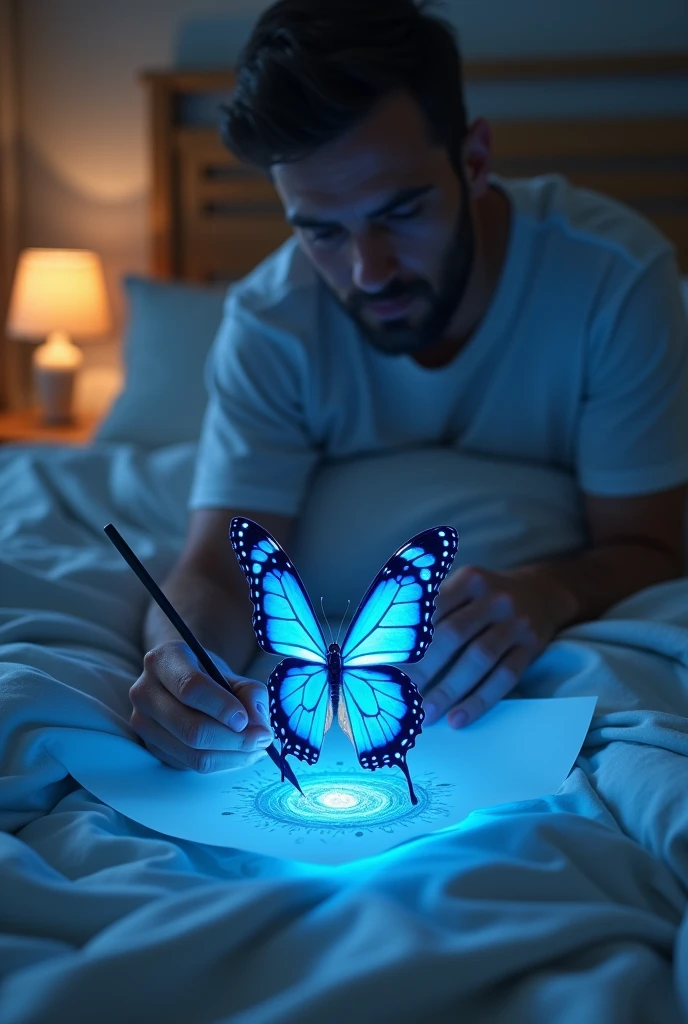 I want you to make a dream image where I, being an adult man, am lying on my pillow covered with my sheets up to my waist over my legs and the sheet is drawing on a small piece of paper a very beautiful fluorescent blue butterfly with the index finger of my right hand. When I finish drawing and painting it, it comes to life and comes out of the paper..