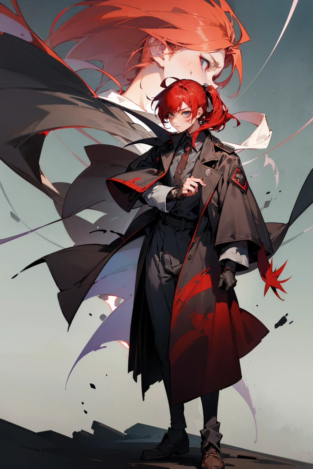 Masterpiece Quality, Perfect Generation, Sclera, Detailed Eyes, Skin, MessyHair, , Doctor Clothing, Random Expression, , Battlefield Background, Full Body, Clothed, Hair Tie, Mad, Standing, strong, , eyes, , masculine, t, , scars, Male, Reaper Mask On,  Reaper Mask, On Battlefield, female, red hair