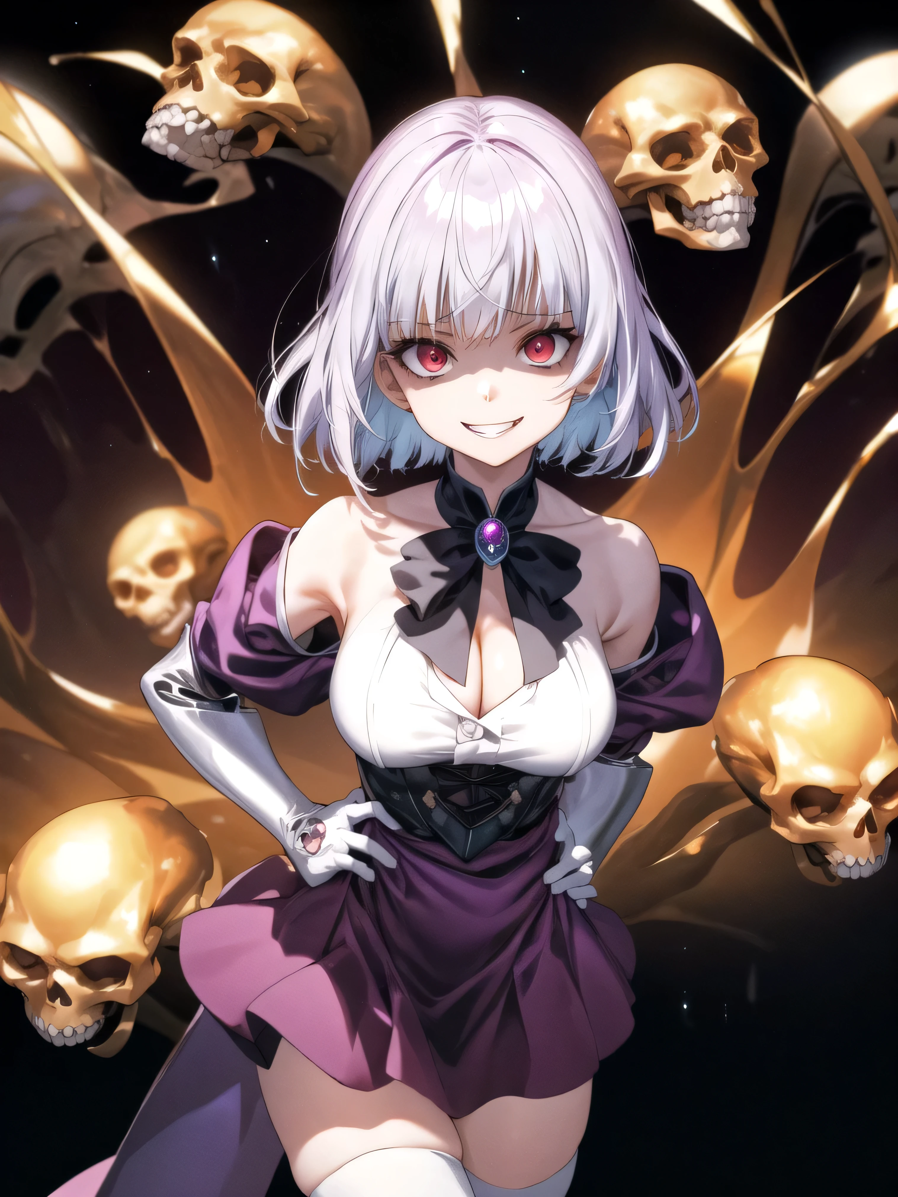 masterpiece, Highest quality, High resolution, male, short hair, Hello, Red eyes, Large Breasts, Cleavage, Epaulettes, White gloves, - Elbow hand pockets, Purple Skirt, Knee socks, Cowboy Shot, Are standing, Place your arms at your sides, straight, street,Two legs,Five Fingers,Evil background,Elbow fullgloves,shiny latex,evil grin, Debish Aura (Shiny fabric:1.5),Dark world background,solo,Decorated with skulls. background, A mountain of skulls beneath ,Two hands,