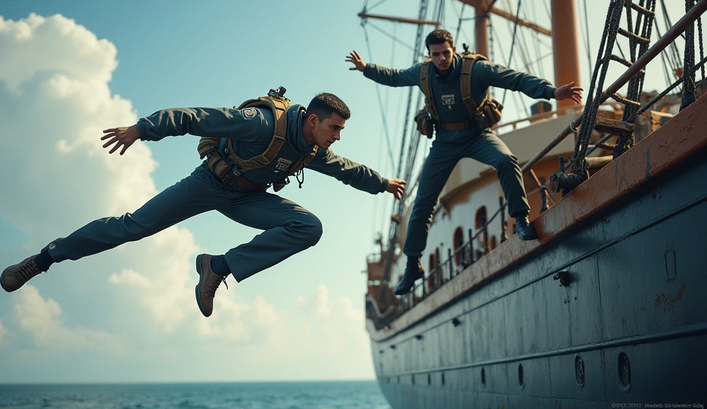 Two crew members are mid-air, leaping from the side of the ship's wall back onto the deck. Their movements are captured in dynamic poses, with expressions of focus and determination as they land with precision. The scene is filled with energy, as the ship's deck below awaits their return, showcasing the agility and camaraderie of the crew in action."