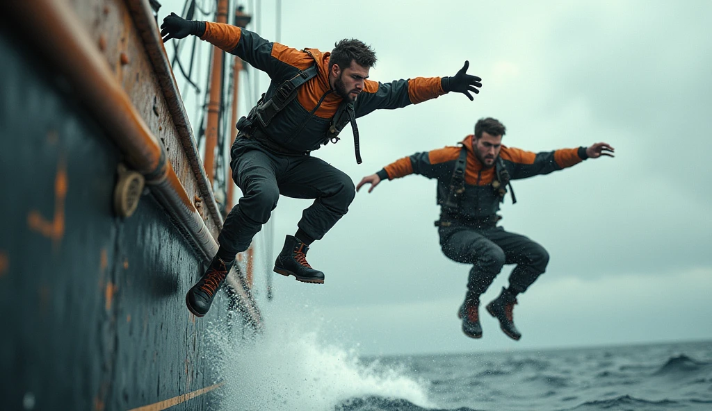 Two crew members are mid-air, leaping from the side of the ship's wall back onto the deck. Their movements are captured in dynamic poses, with expressions of focus and determination as they land with precision. The scene is filled with energy, as the ship's deck below awaits their return, showcasing the agility and camaraderie of the crew in action."