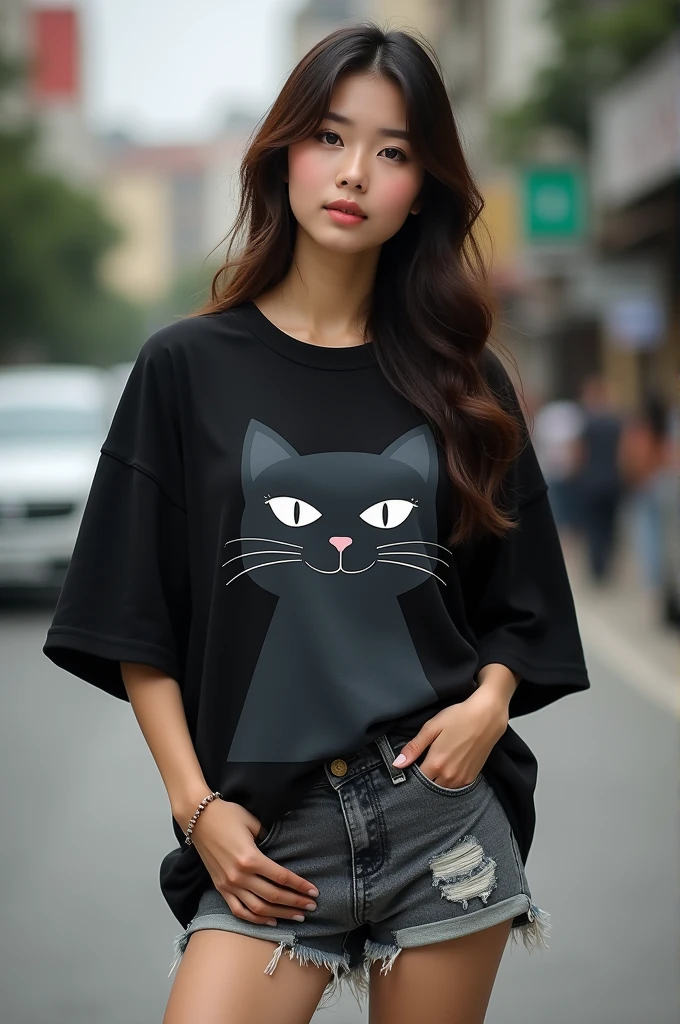 Photography profesional ,realistic, A beautiful woman , fair skin ,original orang Indonesia , wearing a black oversized t-shirt with a cute cat pattern , wearing short gray denim jeans , urban background , photo HD ,original