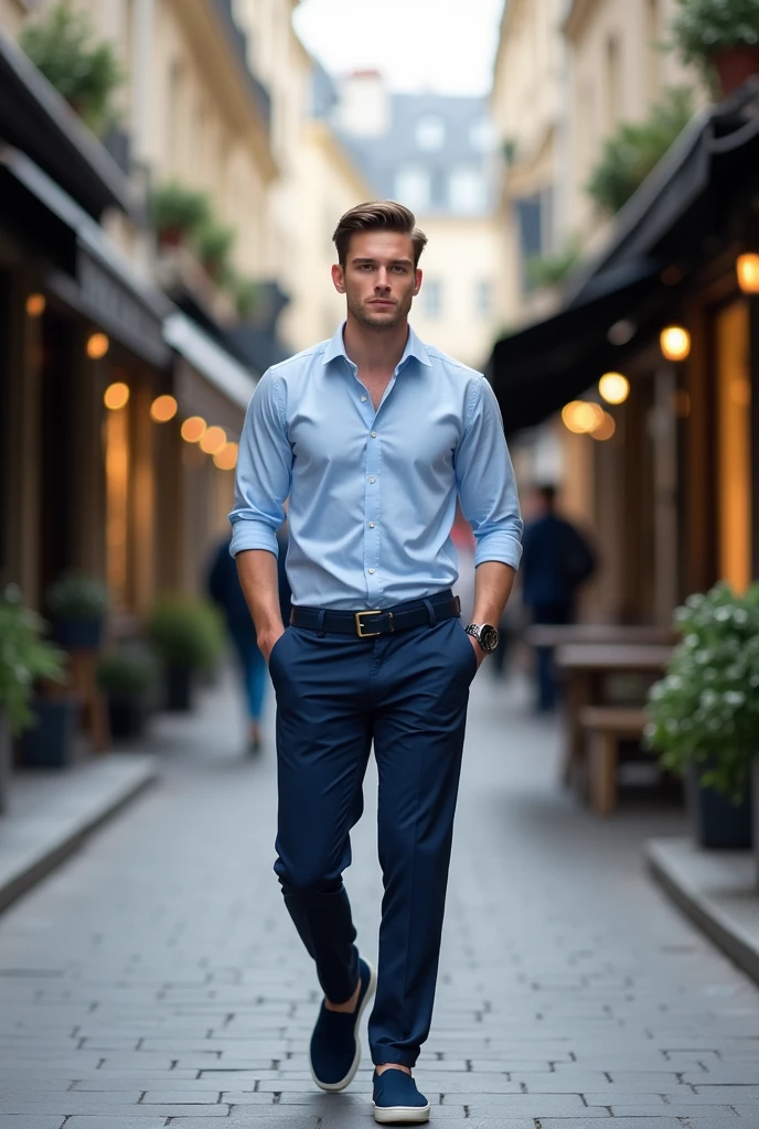 A 25 yearsold man whith smalling,beauty face ,braun hear,dark blue eyes walking in a quiet paris fashion shops bacground street, wearing lightblue coloured slim fit shirt, dark blue chinos and navy plimsols, full body, looking at viewer.16.9 pics