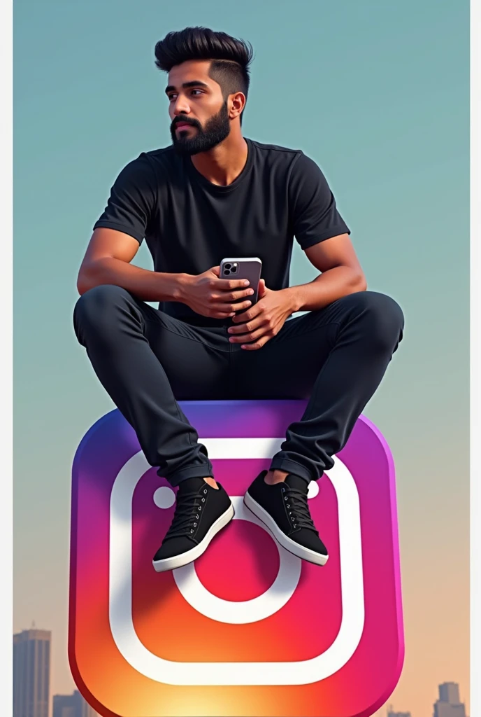 Created indonesian man with slick back hair style sitting casually on top of a social media logo "instagramart". The character must wear a black t-shirt, darkskin, slightly slanted eyes, BarBa e segurando um iPhone. The background of the image is a social media profile page with the username "bems" and a matching profile photo.
