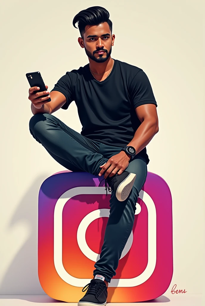 Created indonesian man with slick back hair style sitting casually on top of a social media logo "instagramart". The character must wear a black t-shirt, darkskin, slightly slanted eyes, BarBa e segurando um iPhone. The background of the image is a social media profile page with the username "bems" and a matching profile photo.