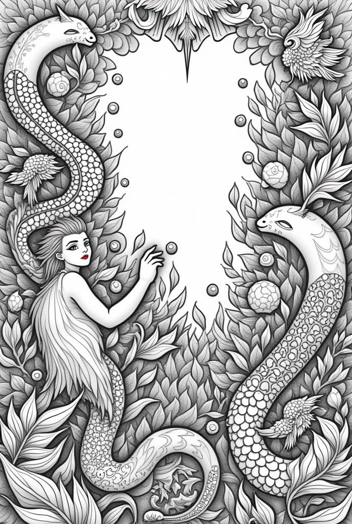 Adult coloring sheet detailed fantasy style, only black outlines