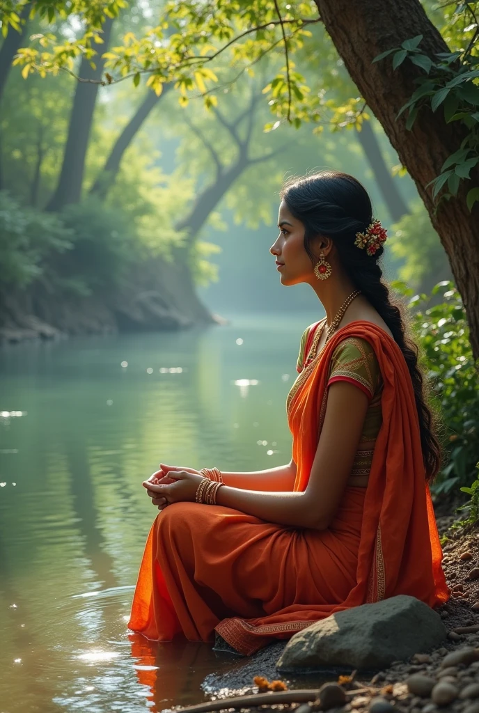 A beautiful indian girl sitting side river