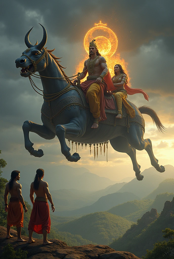 Depict Ravana's chariot flying away with Sita, who looks distressed, while Rama and Lakshman watch from a distance.