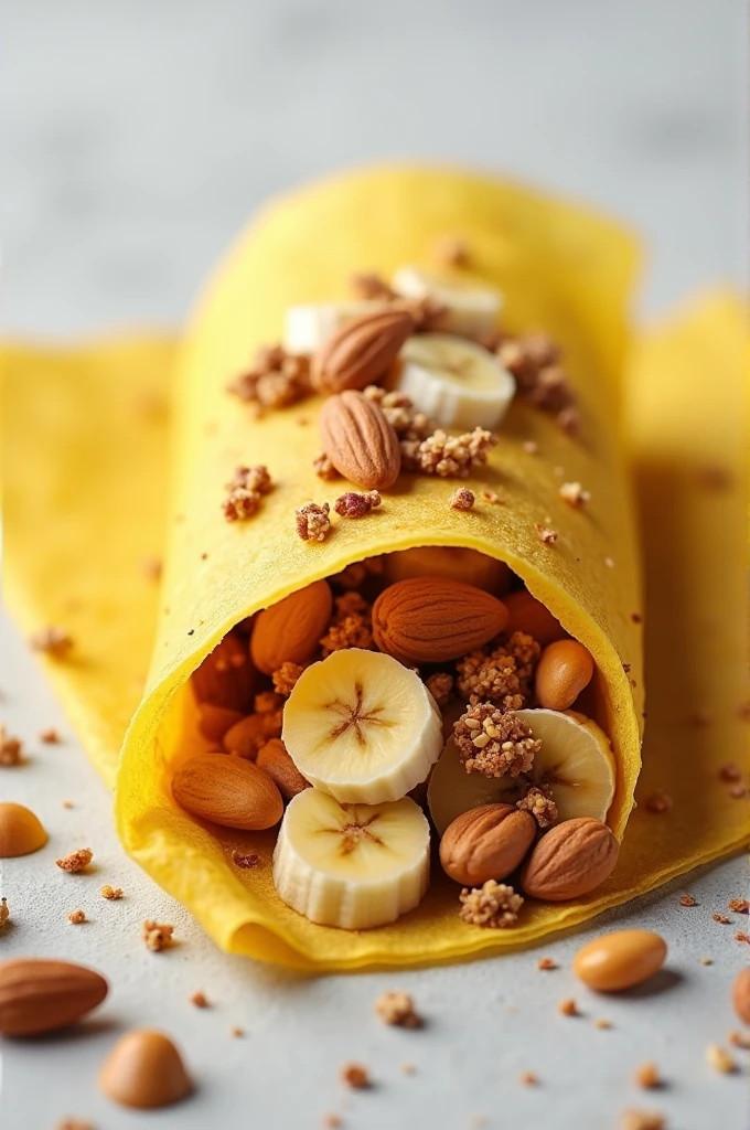 YELLOW CREPE BURRITO CUT IN HALF. FILLINGS SHOULD BE BANANA AND PEANUT BUTTER. TOPPINGS SHOULD BE NUTS