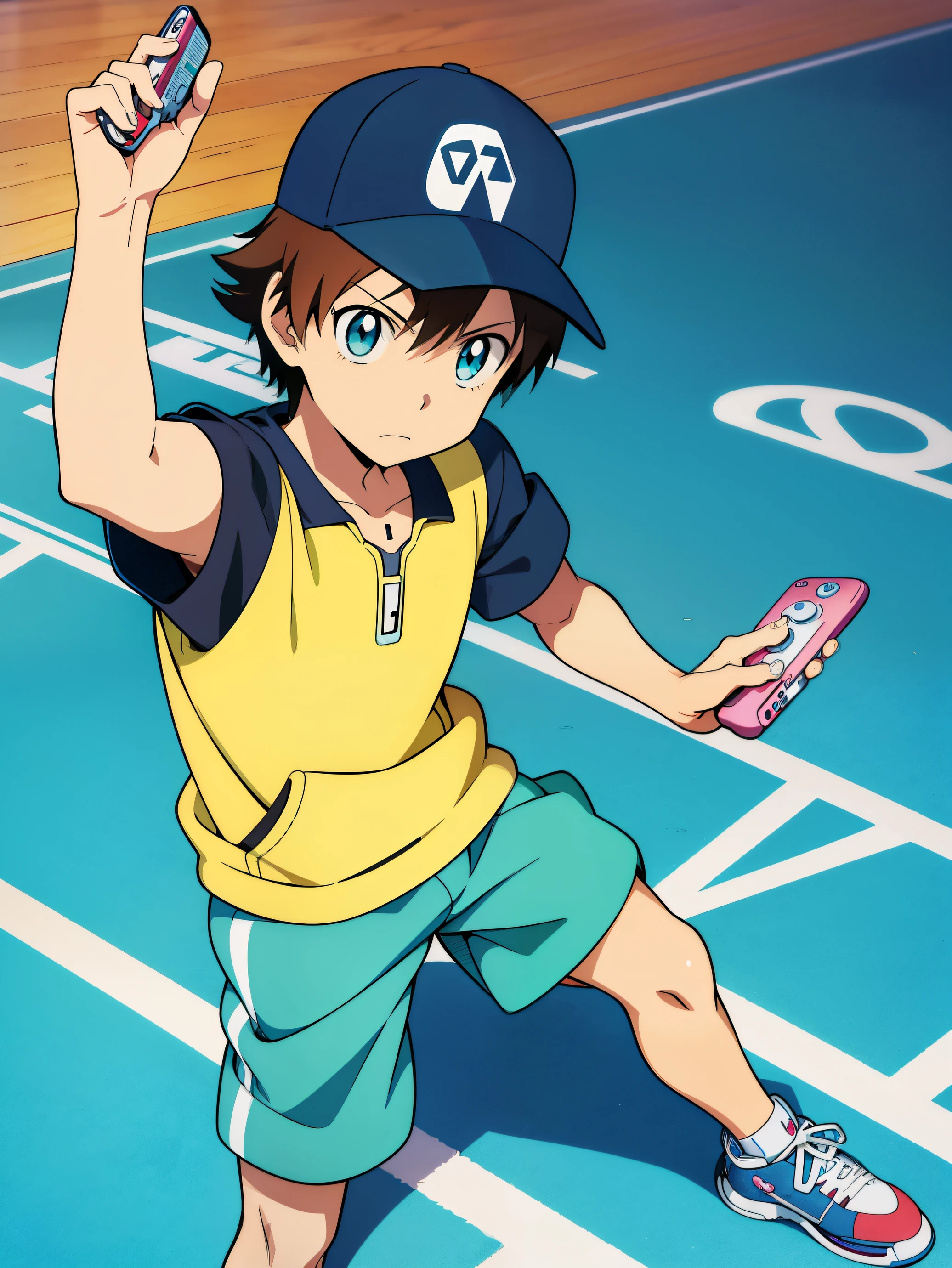 cartoon of a boy in a baseball cap holding a nintendo wii controller, a digital rendering inspired by Un'ichi Hiratsuka, trending on pixiv, shin hanga, digimon anime key art, digimon key art, official art, from cryptid academia, safebooru anime image, digimon, wallpaper!, shinkai makoto, anime cover, anime style”