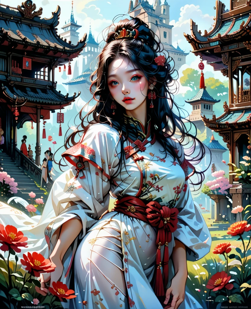A woman in a blue and white dress with flowers in her hair, hanfu, palace, girl in hanfu, blue hanfu, white hanfu, wearing ancient Chinese costume, ((beautiful fantasy queen)), ancient Chinese princess, Chinese style, traditional Chinese clothing, ancient Chinese clothing, beautiful fantasy queen, Chinese princess, traditional beauty,