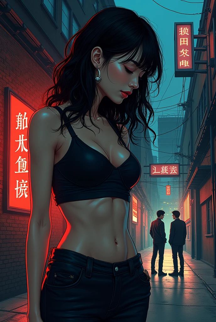 （Korean comic style）The cover shows a mysterious, confident and sexy woman，The background is the company workshop and city street scene at night，Implied secret date。In the distance, two men can be seen confronting each other at the company gate.，The whole picture has a sharp contrast in color，Adds drama and suspense。
The four Chinese characters