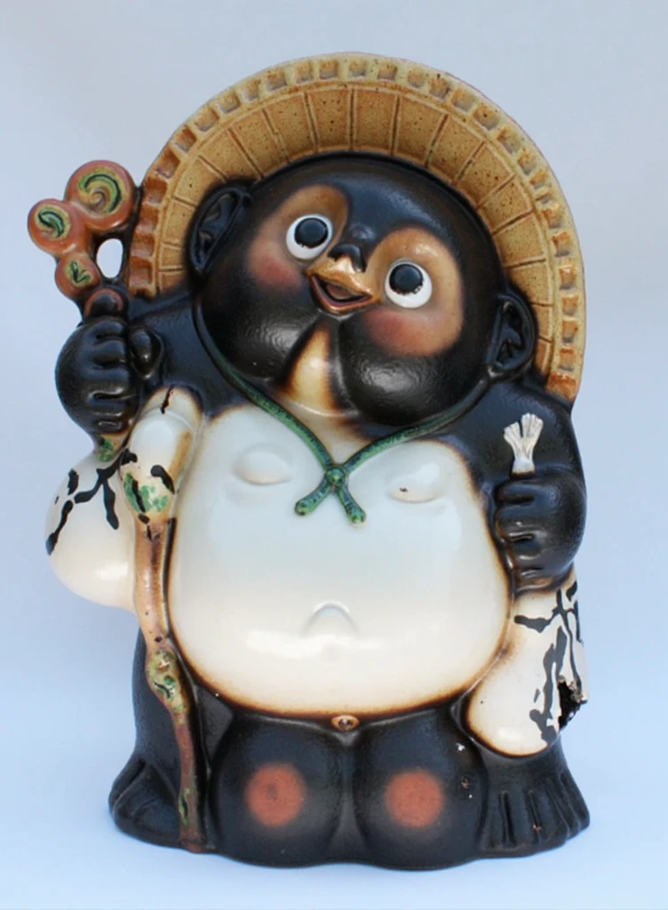Faded ceramic figurine:1.7、A decorative ornament that has deteriorated over the years due to exposure to the elements.、
