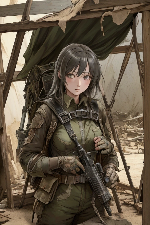 ((Highly detailed anime art)),Woman in ruins,Remains,Ranger Equipment,Rugged Backpack,tent,((masterpiece, Highest quality, Extremely detailed CG, unity 8k wallpaper )),(masterpiece, Highest quality, Highest quality, Official Art, beautiful),Very vivid,High-precision images,Ultra-high resolution,Great art,Poster Art,Impressive photos,Impressive art,beautiful顔,Perfect Face