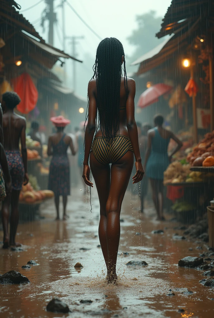 cinematic anime of a very beautiful, tall, slender body, long braided black hair, african girl thinly dressed playing in the rain on busy muddy market streets of Kampala city