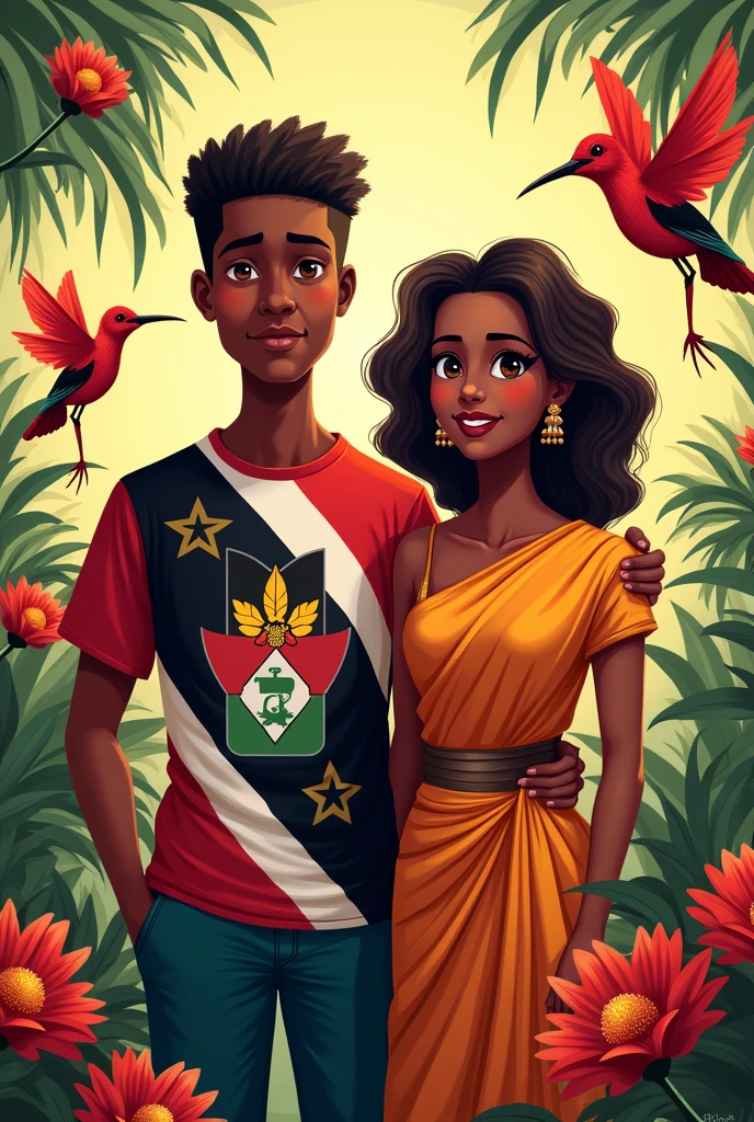 Generate a picture That says "Happy Independence Day Trinidad and Tobago!" I want it to include the red white and black of the Trinidad flag, a strong man of African descent and a strong woman of east Indian descent, the scarlet Ibis (national bird of Trinidad and Tobago) as well as a hummingbird. Let it capture the essence of Trinidad and Tobago culture and let each element be clearly visible. Ensure the text is bold and visible. Do not mix any elements. Let the picture be vivid. Ensure the man in the image has light brown skin, is aged about 28 and is slim but not very muscular. Average build. Ensure the female is of east indian descent and around the same age. Ensure they are both fully clothed. Ensure the man is wearing a t-shirt.