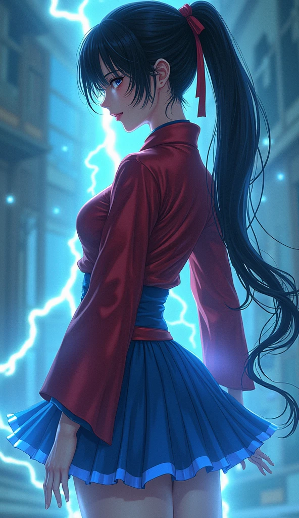 (Ultra HD, Highest quality, High resolution, Surreal, so beautiful), 24000dpi, Beautiful woman, high school girl, Long Tail, yellow, choker, Well-formed eyes, greatest visual acuity, 1, Fascinating, Totally American, Perfect body, Big Breasts, Physical Beauty, ((Japanese short red kimono:1.5, Seraphim, Red ultra mini skirt)), (((Blue Lightning, all, Electric Japanese spear, sheath, Charge Move, Special Move Position, yes))), All-in-one, Absurd, (((Anatomically correct))), whole body,Sandals,You can see her well-toned thighs and beautiful legs.,Red ribbon tying a ponytail,