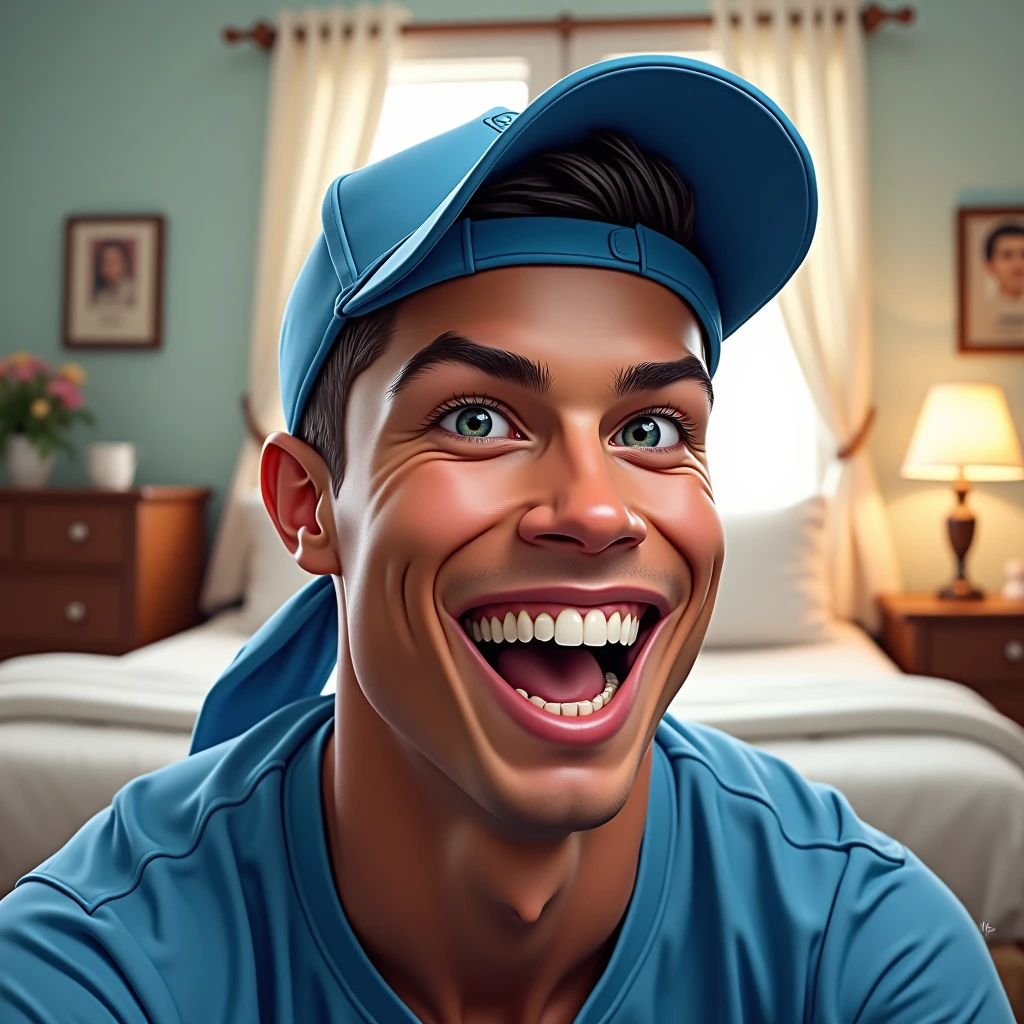 The image is a digital art piece that appears to be a portrait of Cristiano Ronaldo face. The man is wearing a blue baseball cap and a blue bandana tied around his head. He has a big smile on his face and his eyes are wide open, as if he is laughing. His mouth is slightly open and his teeth are visible. The background is a bedroom with a bed, a dresser, and a lamp. The walls are painted white and there is a window with curtains in the background. The overall mood of the image is cheerful and playful.