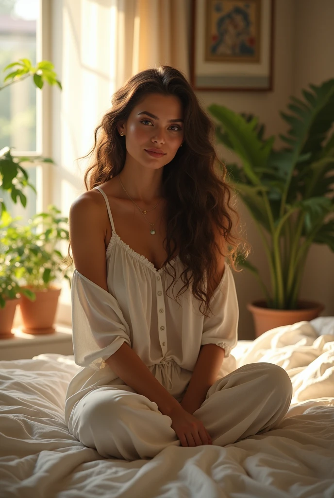 (photorealism:1.2), beautiful woman, sitting on bed, wearing loose off-shoulder top, pajama pants, long curly hair, indoors, soft lighting, plants in background, window with sunlight, cozy room, relaxed pose, realistic, intricate details, warm colors, by Greg Rutkowski, by Alphonse Mucha
