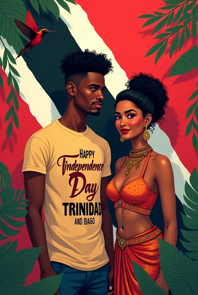 Generate a picture That says "Happy Independence Day Trinidad and Tobago!" I want it to include the red white and black of the Trinidad flag, a strong man of African descent and a strong woman of east Indian descent, the scarlet Ibis (national bird of Trinidad and Tobago) as well as a hummingbird. Let it capture the essence of Trinidad and Tobago culture and let each element be clearly visible. Ensure the text is bold and visible. Do not mix any elements. Let the picture be vivid. Ensure the man in the image has light brown skin, is aged about 28 and is slim but not very muscular. Average build. Ensure the female is of east indian descent and around the same age. Ensure they are both fully clothed. Ensure the man is wearing a t-shirt.