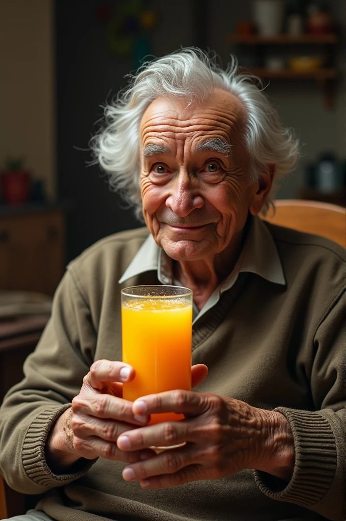 Old man drinking orange juice 